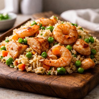 Fried rice with shrimp and salmon