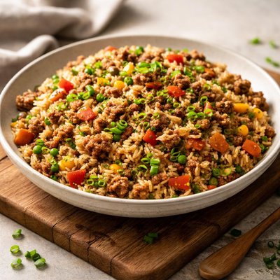 Fried rice with vegetables and ground meat