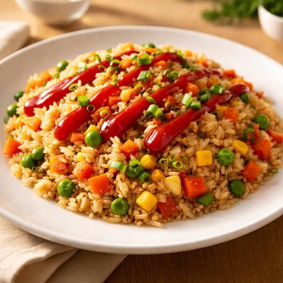 Fried rice with vegetables and ketchup