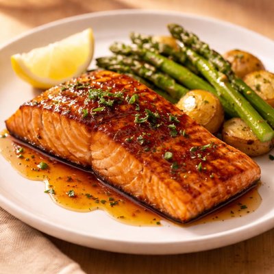 Fried salmon with maple dijon glaze
