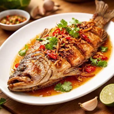 Fried sea bass with fish sauce