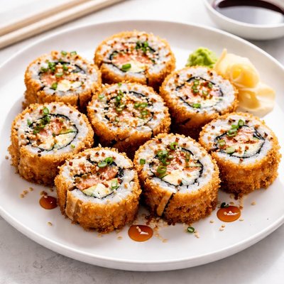 Fried sushi roll with sauce