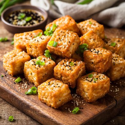Fried tofu cubes with sesame seeds