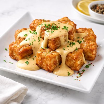 Fried tofu with cheese sauce