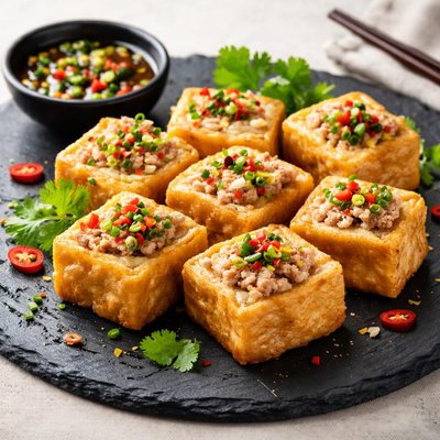 Fried tofu with shrimp paste and pork