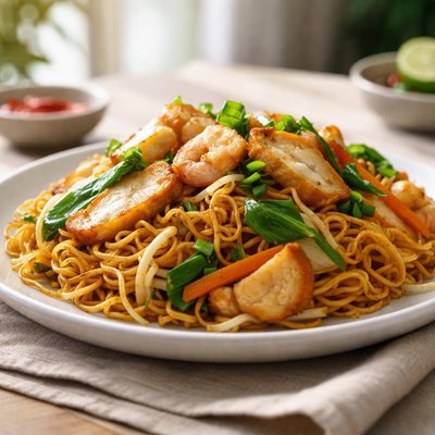 Fried tuaran mee fish cake