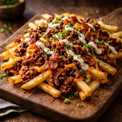 Fries with bacon and ground beef