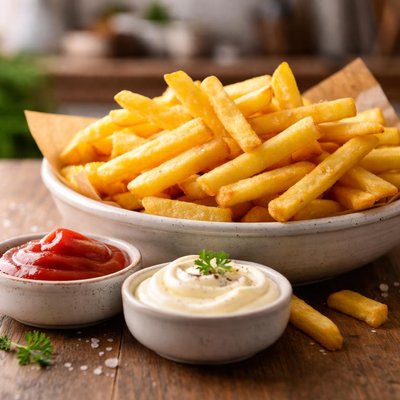 Fries with ketchup and mayonnaise