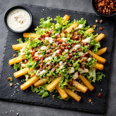 Fries with lettuce and bacon bits