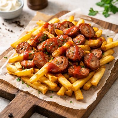 Fries with sliced sausage and ketchup