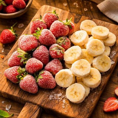 Frozen bananas and strawberries