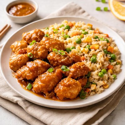 Frozen fried rice amd orange chicken