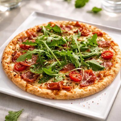 Frozen pizza with arugula