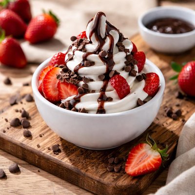 Frozen yogurt with strawberries and chocolate syrup