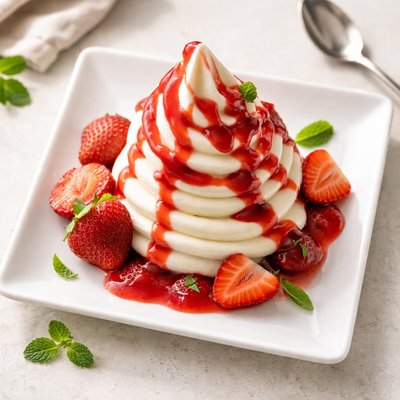 Frozen yogurt with strawberry sauce
