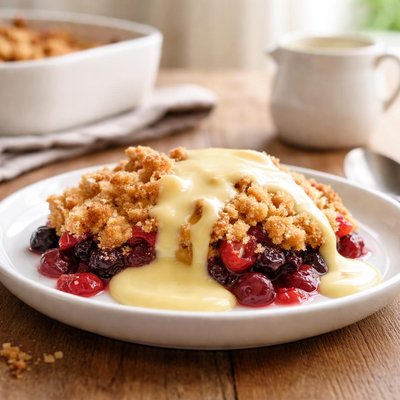 Fruit crumble with custard