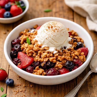 Fruit crumble with ice cream