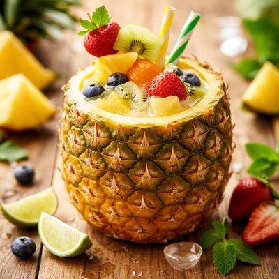 Fruit filled pineapple juice cup