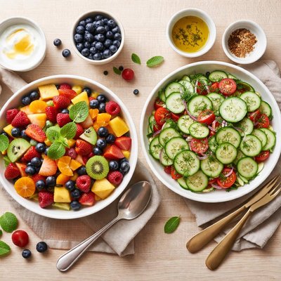 Fruit salad and cucumber salad