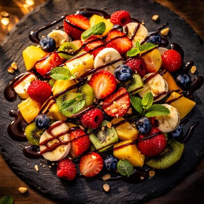 Fruit salad with chocolate syrup