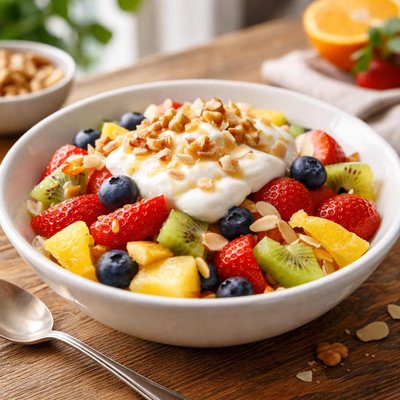 Fruit salad with nuts and sour cream