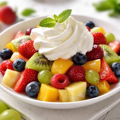 Fruit salad with whipped cream