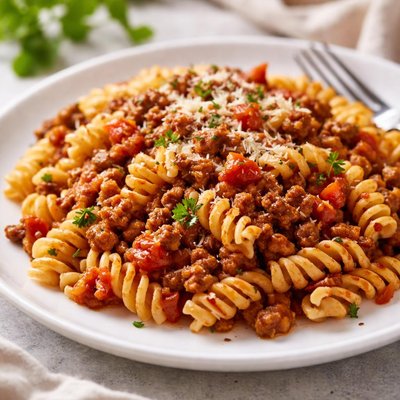 Fusilli pasta with meat sauce