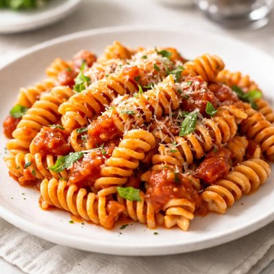 Fusilli pasta with tomato sauce and cheese
