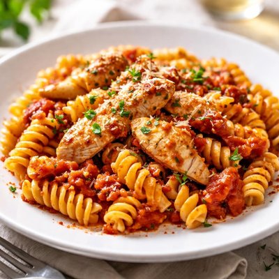 Fusilli pasta with tomato sauce and chicken