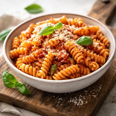 Fusilli pasta with tomato sauce and parmesan