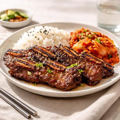 Galbi with kimchi and rice