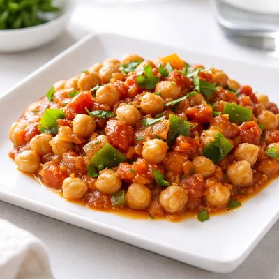 Garbanzo beans with tomato and green bell peppers