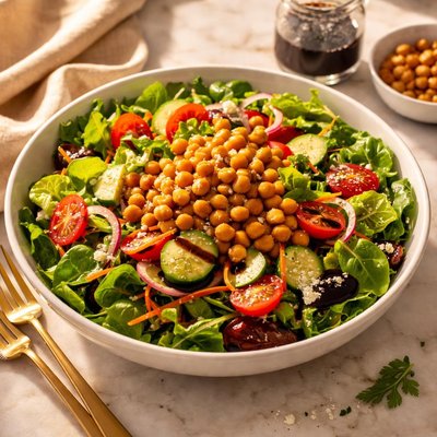 Garden salad with chickpeas and balsamic dressing