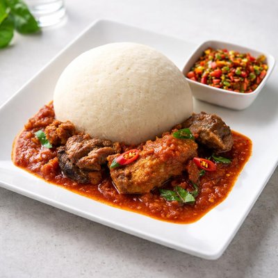 Gari with tomato stew and pepper sauce