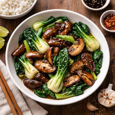 Garlic and oyster sauce shitake mushroom and pak choy stir fry