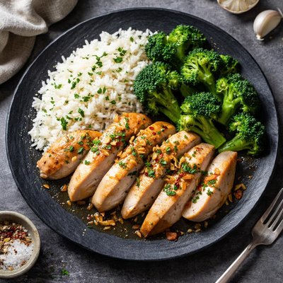 Garlic chicken rice and broccoli