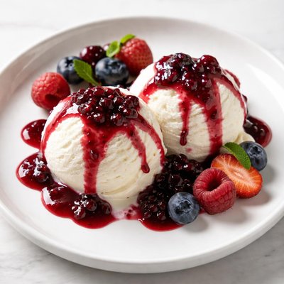 Gelato with berry sauce