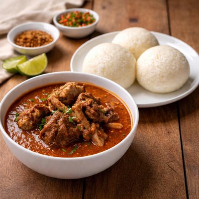 Ghanaian rice balls and goat meat soup