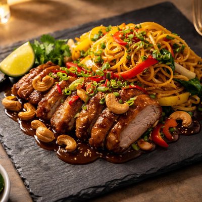 Giggling squid duck with cashew nuts and noodlez