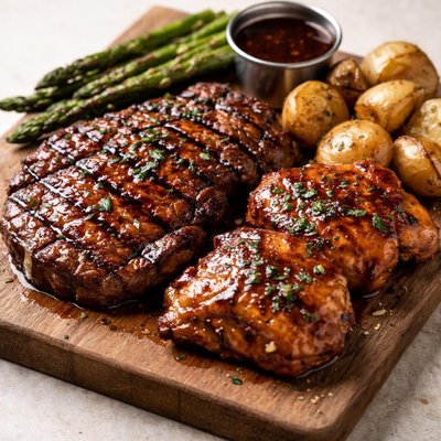 Glaze combo steak and chicken thigh