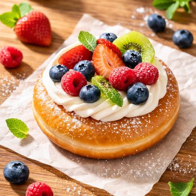 Glazed donut with cream and fruit topping
