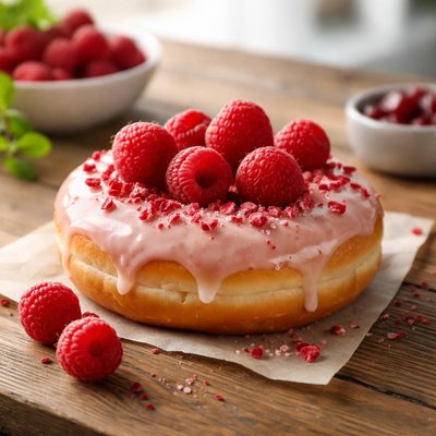 Glazed donut with raspberry