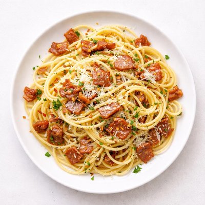 Gluten free spagheti aglio ollio with bacon and parmasean