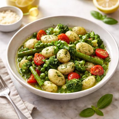 Gnocci and vegetables in herbsauce