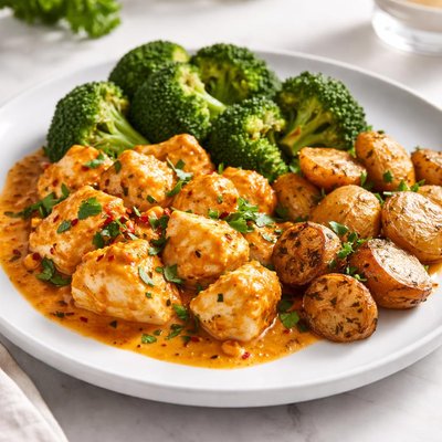 Goa with broccoli and roasted potatoes