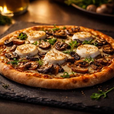 Goat cheese and mushroom pizza