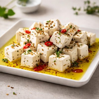 Goat cheese cubes in oil