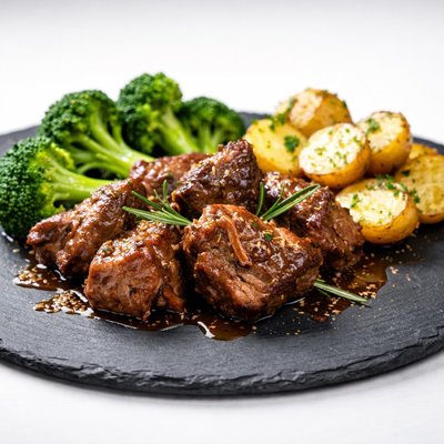 Goat with broccoli and roasted potatoes