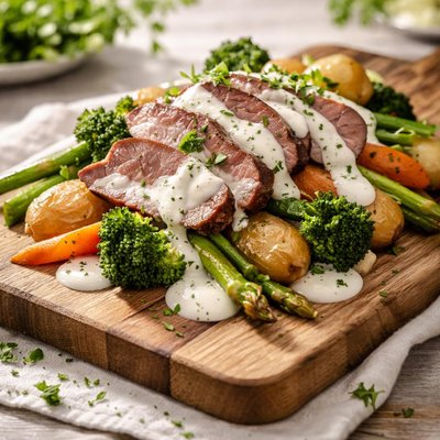 Gourmet silverside vegetables with white sauce
