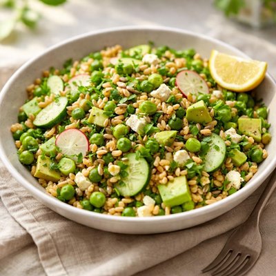 Grain salad with avocado and peas